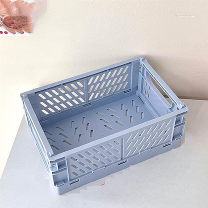 Blue Small Folding Storage Basket - Collapsible Desktop Organizer for Home Office, Makeup & Toiletries