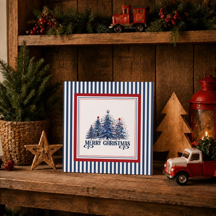 Red, Blue & White Christmas Tree Wooden Sign - 5x5 Inch Holiday Decor - Blue & Red Variation