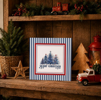 Red, Blue & White Christmas Tree Wooden Sign - 5x5 Inch Holiday Decor - Blue & Red Variation