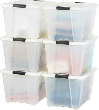 IRIS USA 54 Quart Stackable Storage Bins - Durable Plastic Containers with Lids & Latching Buckles, 6 Pack | Pearl Color