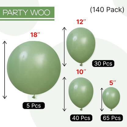 PartyWoo Sage Green Balloons - 140-Piece Set in Various Sizes for Jungle Birthday Party Decor | Olive & Eucalyptus