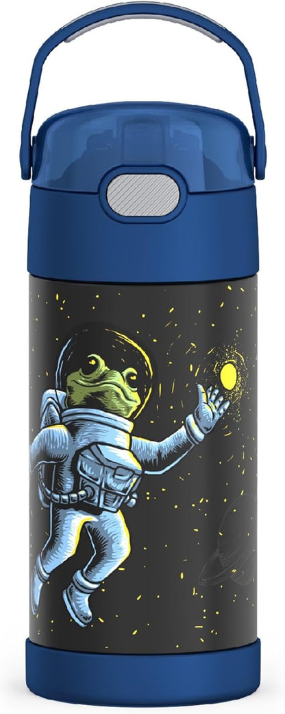 THERMOS FUNTAINER Water Bottle - 12 Ounce Kids Stainless Steel Vacuum Insulated with Straw | Space Frog Design