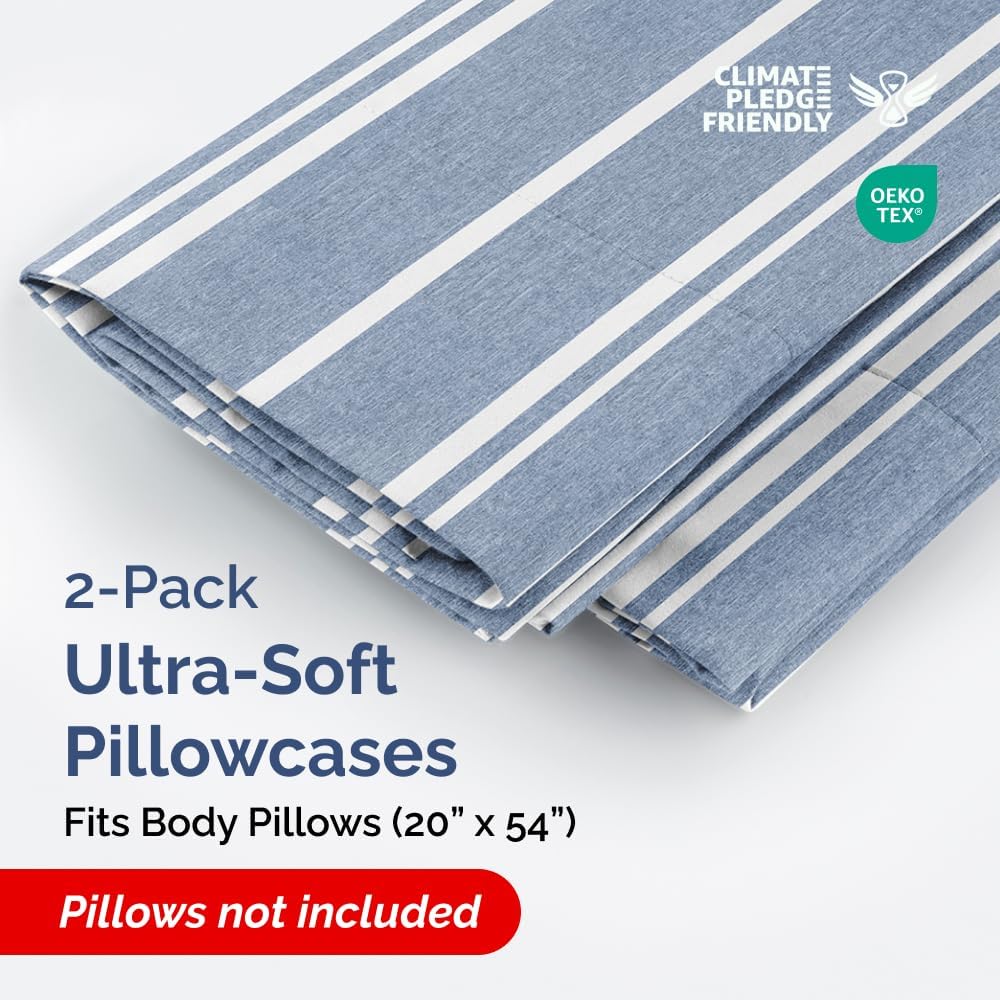 Skiennix Body Pillowcases Set of 2 | Soft 20x54 Long Pillow Covers for Side Sleepers - Wrinkle-Free, Machine Washable, Blue Stripes