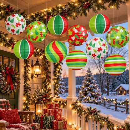 Christmas Paper Lanterns Set - 12 Hanging Holiday Decorations with 5 Designs - Variation of Christmas Paper Lanterns