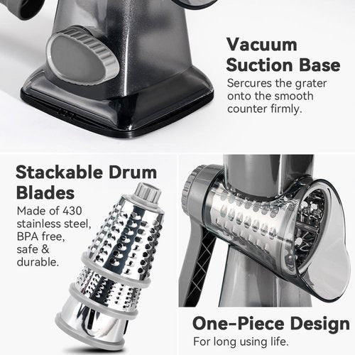 Cheese Grater - Hand Crank Rotary Vegetable Shredder with 3-in-1 Interchangeable Blades | Non-Slip Base