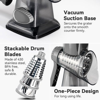 Cheese Grater - Hand Crank Rotary Vegetable Shredder with 3-in-1 Interchangeable Blades | Non-Slip Base