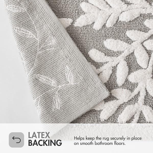 Gray Tufted Cotton Bath Rug 21 x 34 Inch with Leaf Pattern and Non-Slip Backing - Madison Park Serene Collection