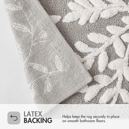 Gray Tufted Cotton Bath Rug 21 x 34 Inch with Leaf Pattern and Non-Slip Backing - Madison Park Serene Collection