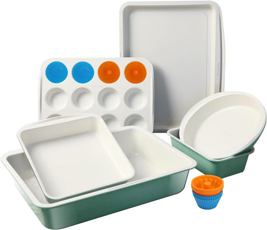 Skiennix Ceramic Nonstick Baking Pans Set - 30 PCS Stackable Bakeware, 550°F Oven Safe, Dishwasher Safe, Green