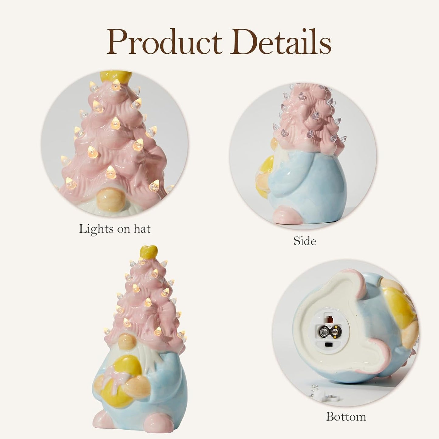 WDS Wondrous Lighted Gnome Figurine - Ceramic Battery Operated LED Easter Decor | Pink Hair Holding Egg, Spring Table Centerpiece