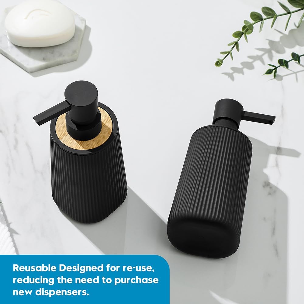 Skiennix Soap Dispenser - Modern Farmhouse Striped Design | Plastic Hand Soap Holder with Bamboo Accent - Black