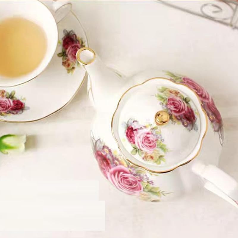 Noble Rose Ceramic Tea Set Gift by Scizorito – 29oz Teapot, 4 cups & Heater