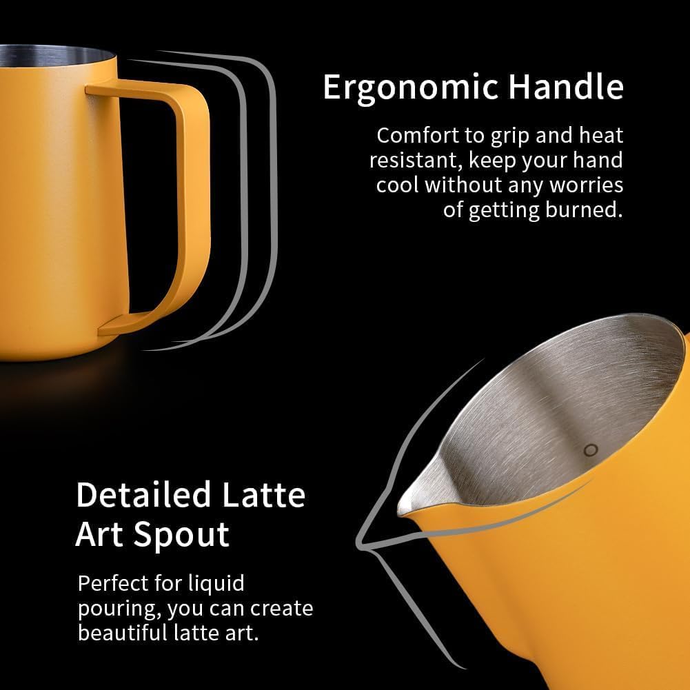 watchget Milk Frothing Pitcher 250ml/8oz Espresso Steaming Pitcher with Matte Yellow Coating Stainless Steel Milk Steamer Jug Milk Frothing Cup, Yellow