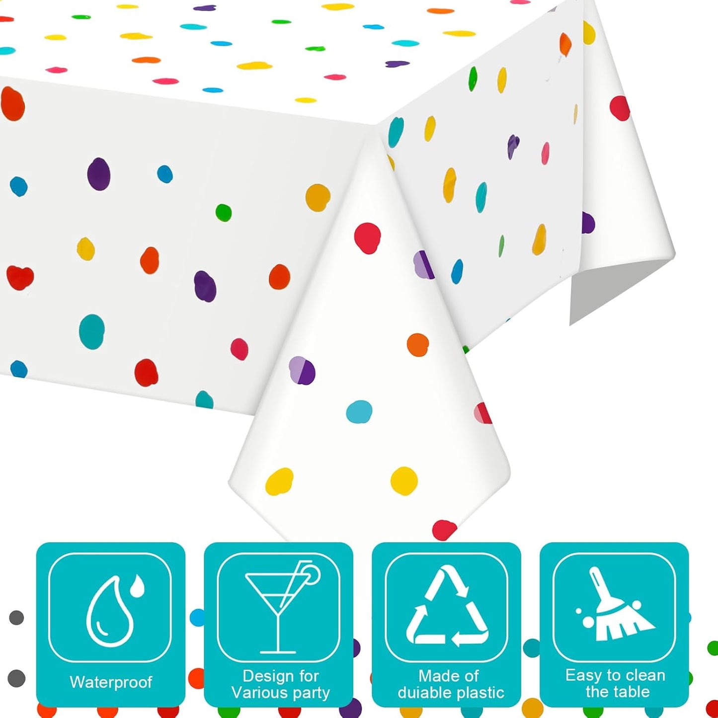 Skiennix Colorful Polka Dot Tablecloth - Disposable Rainbow Design for Parties | 3 Pcs Set