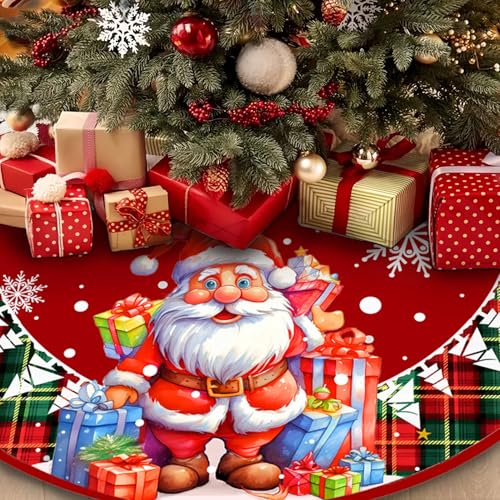 48 Inch Christmas Tree Skirt Green White Snowflake with Santa Red Buffalo Plaid Edge - 48" Plush