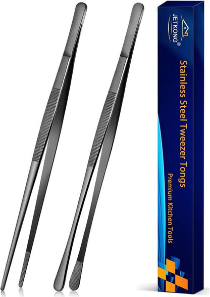 JETKONG 12-Inch Stainless Steel Kitchen Tweezers - Precision Serrated Tips for BBQ & Plating
