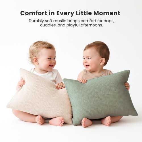 Konssy Muslin Toddler Pillowcase for 13x18 Pillow 2 Pack, 100% Cotton Toddler Pillow Case Cover, Soft & Breathable Travel Babay Kids Pillow Covers with Envelope Closure（Cream,Fog Green）