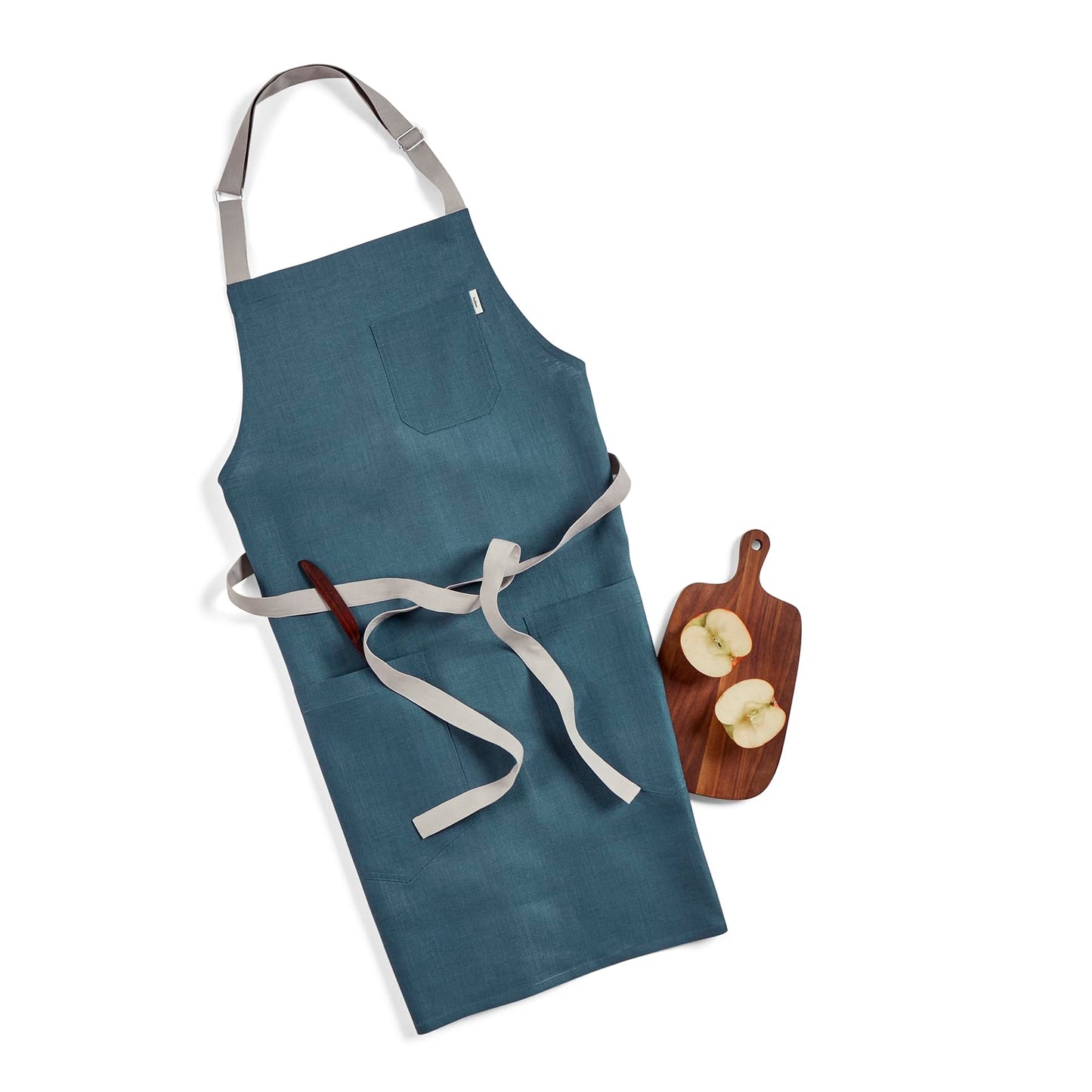 Solino Home Linen Bib Apron for Men & Women - Peacock Blue/Soft Grey Kitchen Apron with Front Pockets - Handcrafted from European Flax