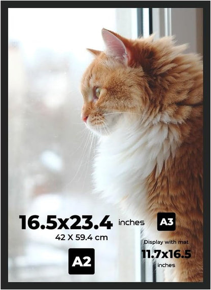 A2 Picture Frame - Premium Glossy Black Plastic with Shatterproof Plexiglass | 16.5"x23.4" for Art & Photos