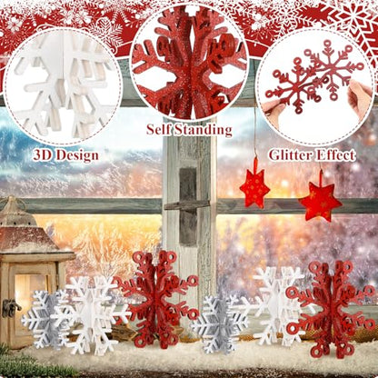 Yousoontic 12-Piece 3D Wooden Snowflake Decor Set - Red & White Table Centerpieces