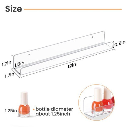 upsimples 6 Pack Clear Acrylic Shelves, 1.7" x12" Clear Wall Shelves for Nail Polish, Vinyl Wall Mount, Record Holder, Magazine Rack, Comic Display, Picture Ledge Shelf Décor