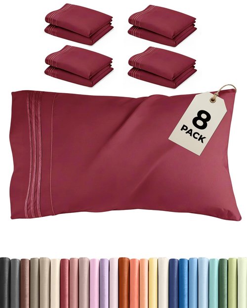 King Pillow Cases Set of 8 - Ultra Soft Hotel Quality Pillowcase Covers - Comfy & Wrinkle Free - Shrink, Stain & Fade Resistant - Easy-Care, Machine Washable Pillow Protectors - 8 Piece Set - Burgundy