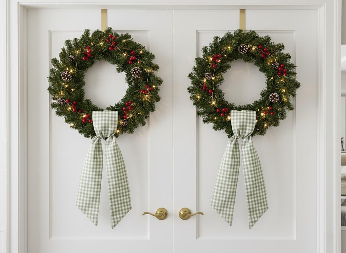 Skiennix Wreath Sash - Green White Checkered Plaid Bow Ribbon Bundle for Home Decor | 2 Pack (5.12" x 54.33")