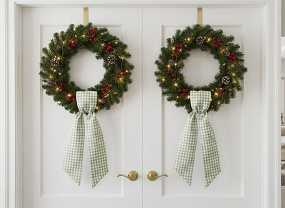 Skiennix Wreath Sash - Green White Checkered Plaid Bow Ribbon Bundle for Home Decor | 2 Pack (5.12" x 54.33")