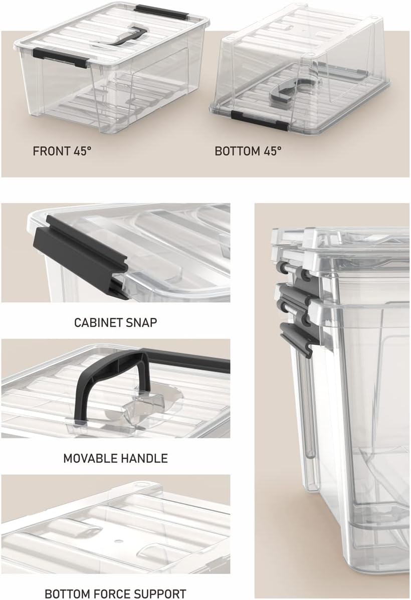 WYT Clear Storage Latch Bins - 6-Pack Organizer Box with Handles and Lids | 5-Litre Capacity