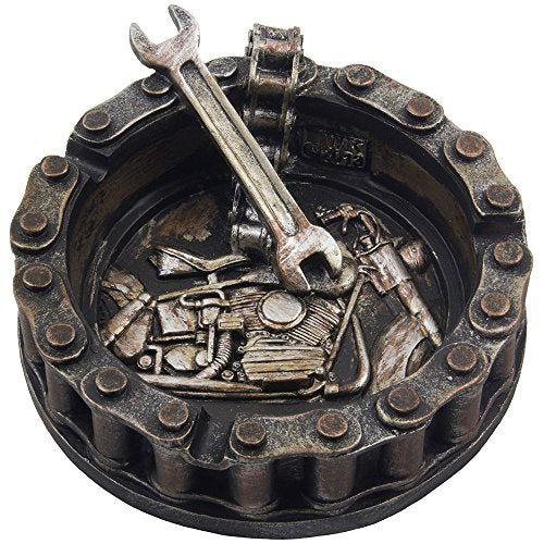 Motorcycle Chain Ashtray with Wrench and Bike Motif - Biker Bar Decor