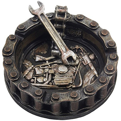 Motorcycle Chain Ashtray with Wrench and Bike Motif - Biker Bar Decor