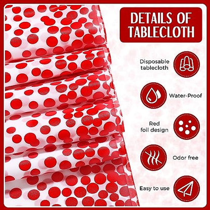 Tudomro 16 Pack White and Red Plastic Tablecloths with Satin Runners Set - Wedding Party Decor