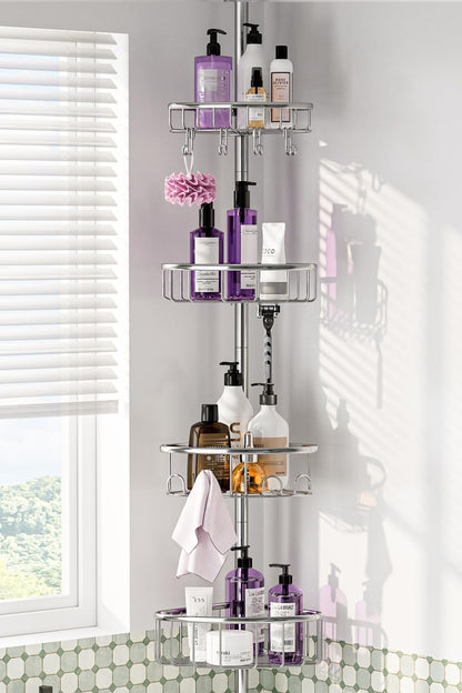 Stainless Steel Corner Shower Caddy by [Brand Name] - Rustproof 4-Tier Tension Pole Organizer | Adjustable 47-121 Inch for Bathtub & Shampoo Storage - Silver