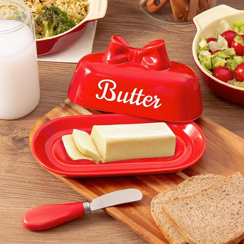 Red Bow Butter Dish - Ceramic Butter Container for Refrigerator (Variation: red bow+Standard)