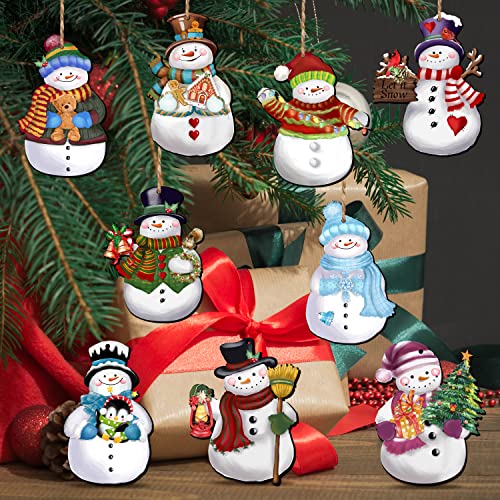 24 Pieces Christmas Snowman Wooden Ornaments Set - Holiday Hanging Decor with Hemp Rope - Xmas Crafts & Tree Decorations - Variation of Xmas-Snowman-A