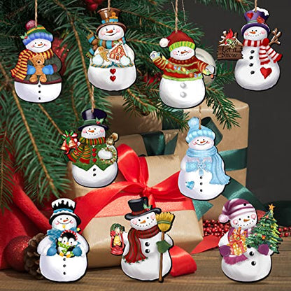 24 Pieces Christmas Snowman Wooden Ornaments Set - Holiday Hanging Decor with Hemp Rope - Xmas Crafts & Tree Decorations - Variation of Xmas-Snowman-A