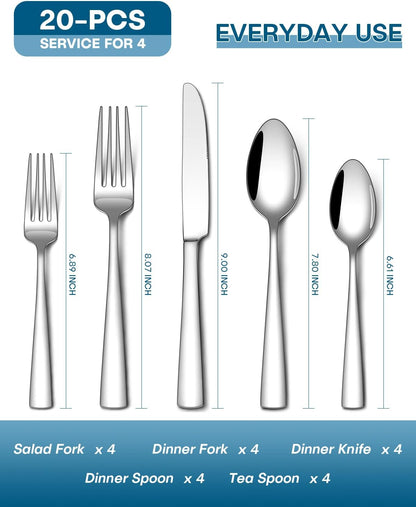 Stapava 20-Piece Silverware Set - Food-Grade Stainless Steel Flatware for 4 | Mirror Polished, Dishwasher Safe