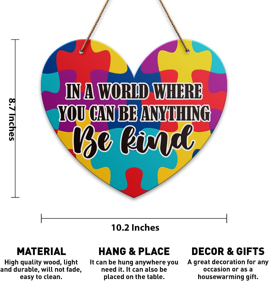 Be Kind Autism Awareness Wall Sign - Inspirational Wood Decor for Nursery & Classroom