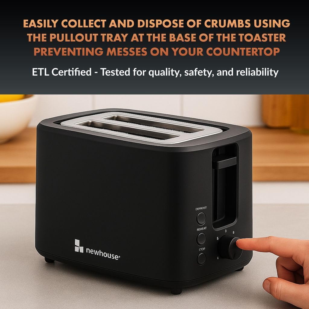 Newhouse 700W Black 2-Slice Toaster - Auto Pop-Up & Cool-To-Touch Kitchen Essential for Modern Homes