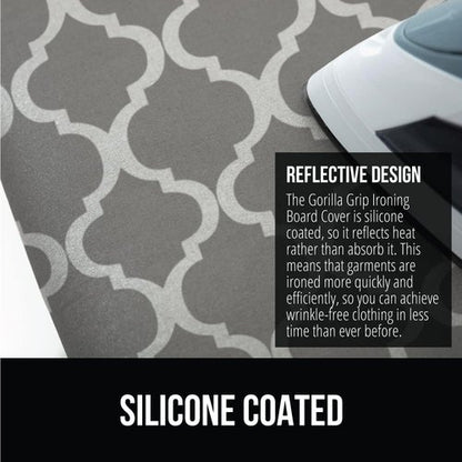 GORILLA GRIP The Original Ironing Board Cover and Pad, Silicone Coating, 400°F Scorch Resistant Thick Padding, Heavy Duty Iron Covers Standard Boards, Hook and Loop Fastener Strap, Quatrefoil 15x54