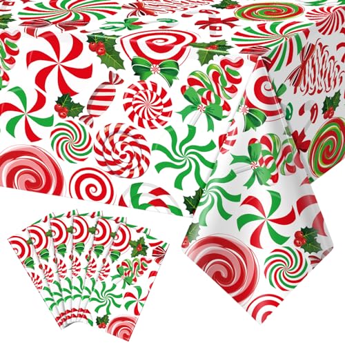 54x108 Inch Christmas Candy Cane Tablecloths 6 Pack - Red Green Holiday Decor