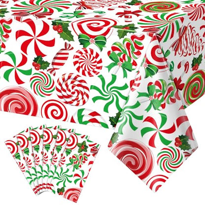 54x108 Inch Christmas Candy Cane Tablecloths 6 Pack - Red Green Holiday Decor