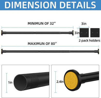 CorkLatta Adjustable Matte Black Shower Curtain Rod - 1 Inch Stainless Steel, 32 to 80 Inch, No Drilling