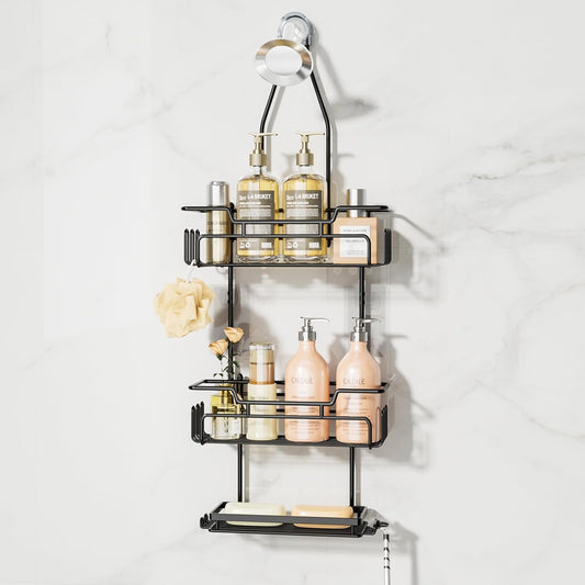 SWTYMIKI Bathroom Shower Caddy - 3-Tier Rustproof Overhead Organizer with 16 Hooks & Soap Holder | Black