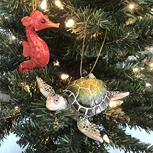 Set of 2 Coastal Christmas Ornaments - Green Sea Turtle & Red Seahorse Decor