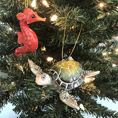 Set of 2 Coastal Christmas Ornaments - Green Sea Turtle & Red Seahorse Decor