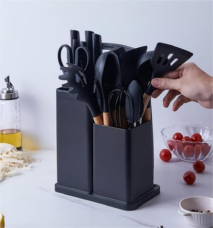 home essentials,black cooking utensils set,black kitchen set with 11 Pieces Spatula,Heat Resistant Silicone Utensils,6 Piece Sharp Knife Set, cutting boards for kitchen(19PCS Set)