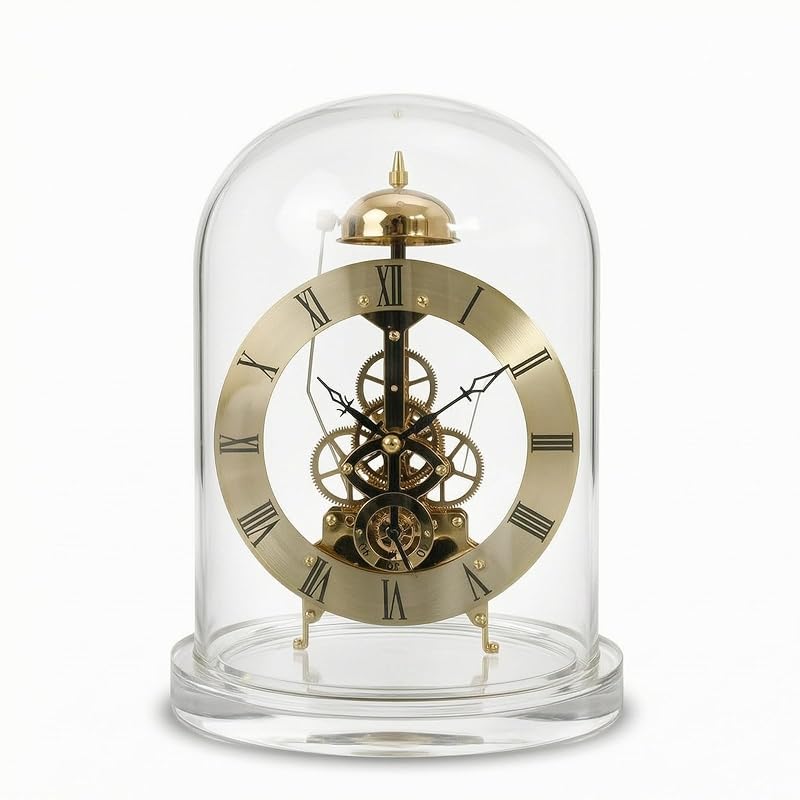 Gold Clock Mechanical Table Clock with Visible Gears, Roman Numerals, 360° Clear Dome