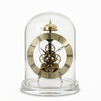 Gold Clock Mechanical Table Clock with Visible Gears, Roman Numerals, 360° Clear Dome