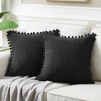 Fancy Homi Decorative Throw Pillow Covers - Set of 2 Black Pom-Pom Cushions | 12x12 Inch Soft Plush for Couch & Sofa